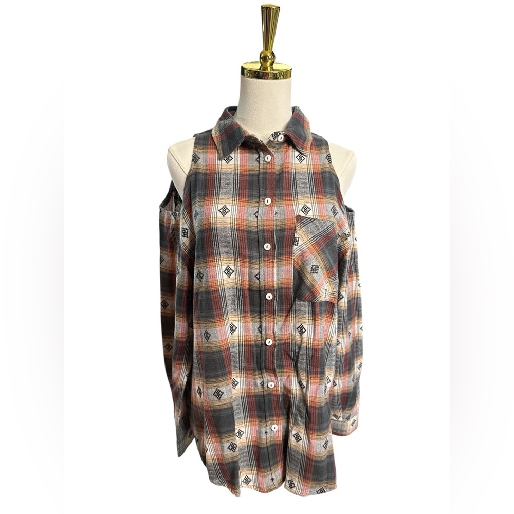 Lunik Cold-Shoulder Plaid Western Button-Up Shirt in Rust & Olive Cotton Size M